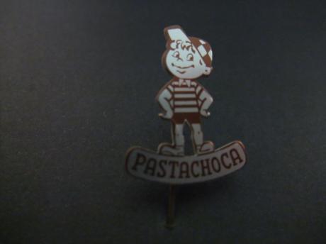 Pastachoca ( chocolade pasta)  broodbeleg Kappie kenmerkend braaf ventje jaren 50 in kort broekje met zwart-wit geblokt petje en gestreept shirt ( bruin)